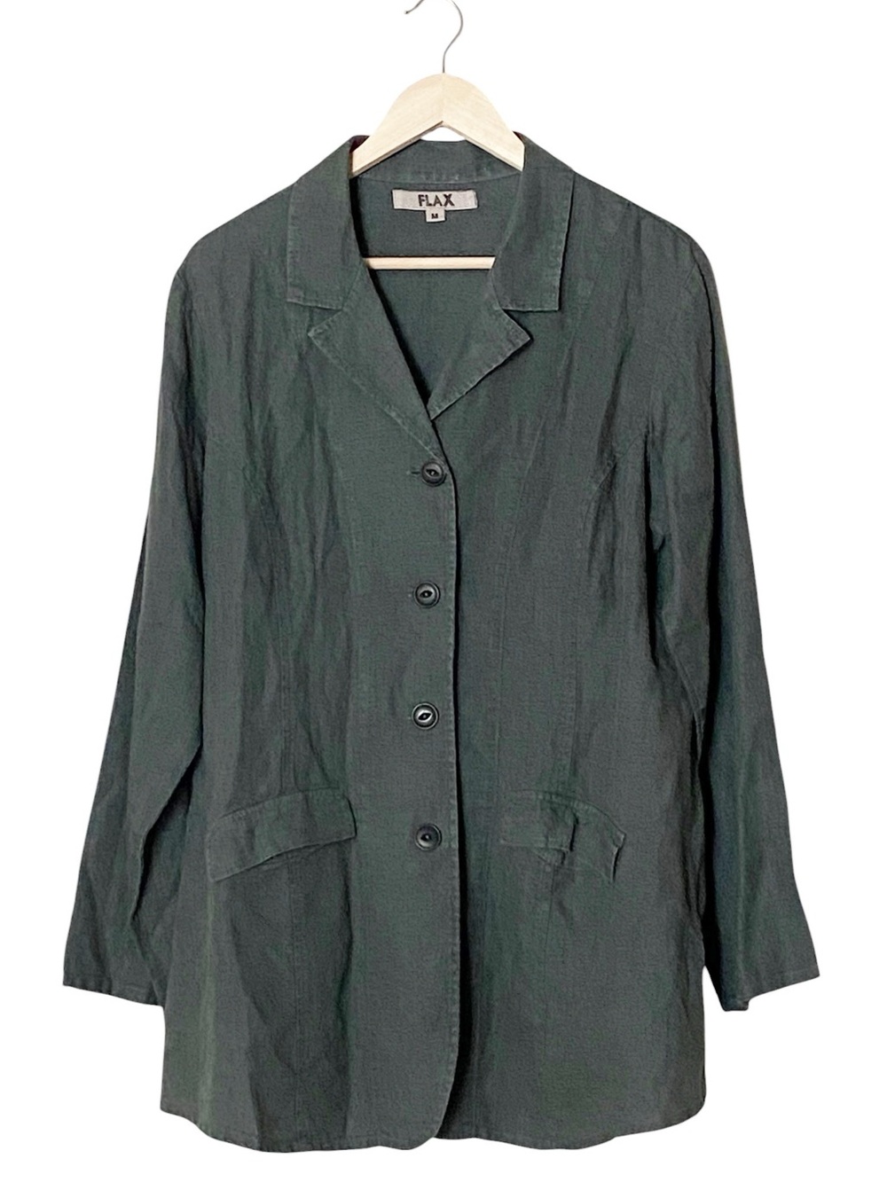 Flax Blazer Jacket 100% Linen Lagenlook Minimalist Green Medium Oversized